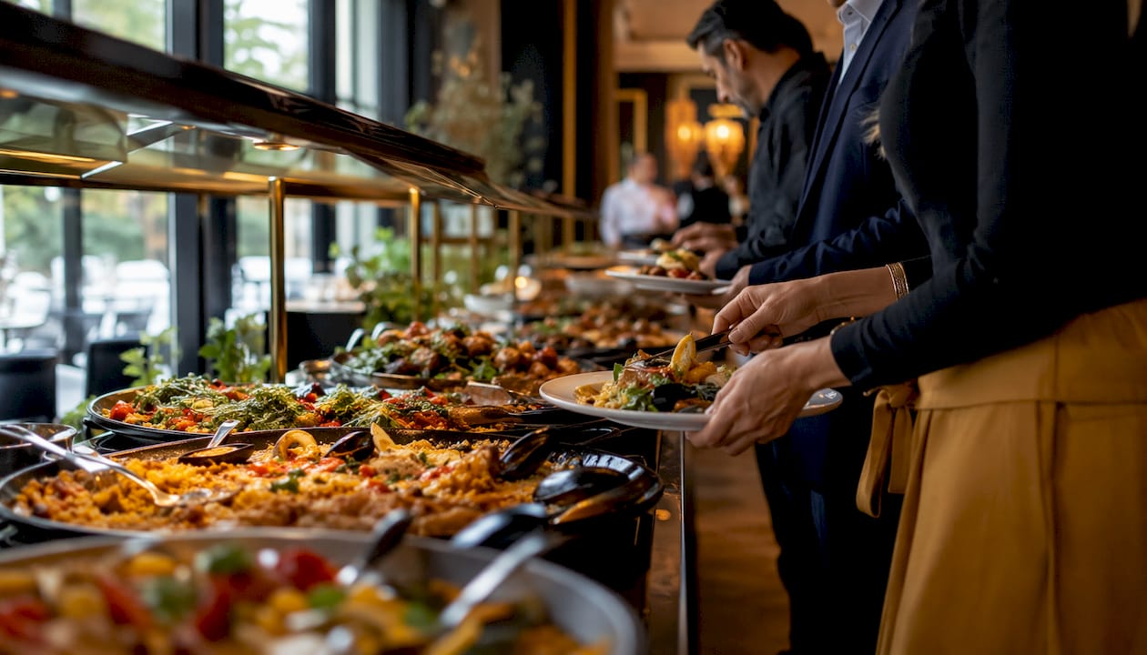 Personas sirviéndose comida en un buffet libre