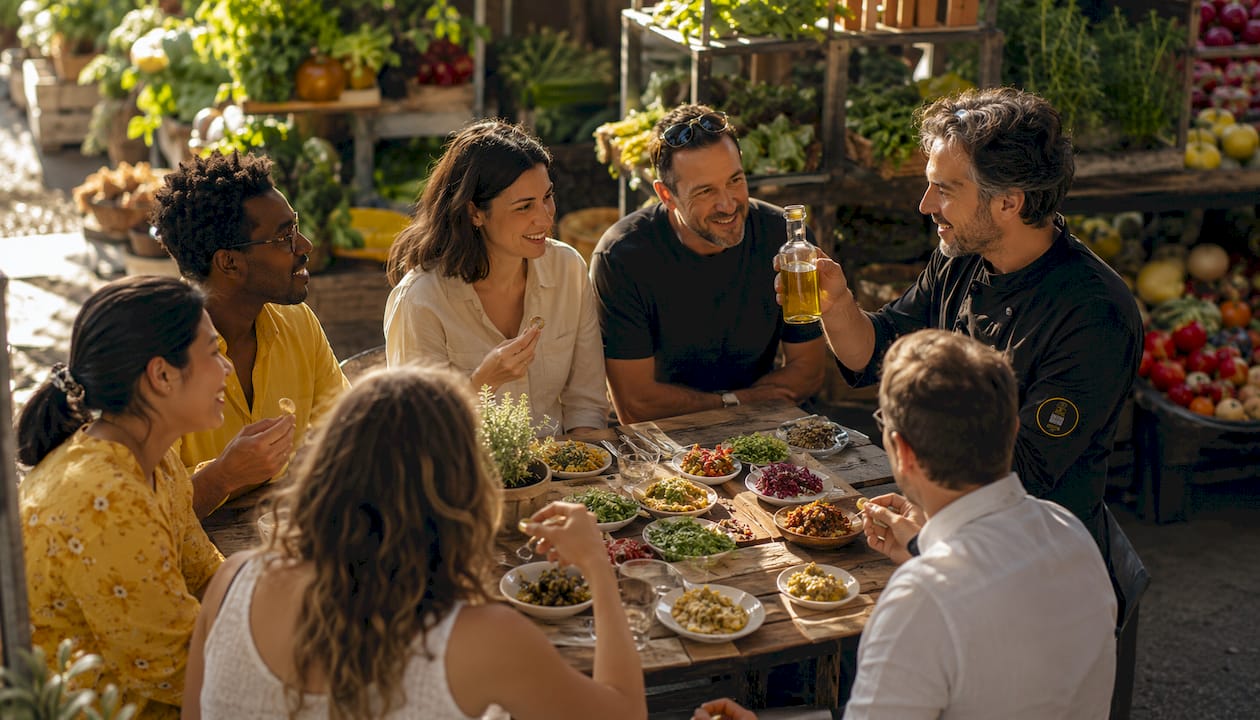 Un grupo de amigos disfruta probando los platos que han preparado juntos en un taller de cocina.