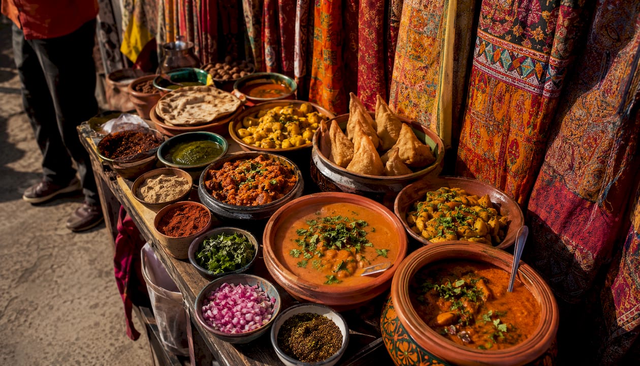 Mesa decorada con tejidos y materiales tradicionales de la India