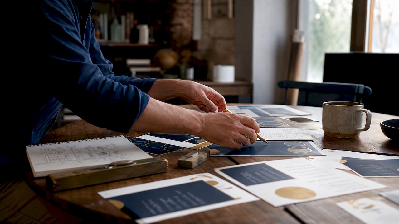 Hands arranging menu typography samples