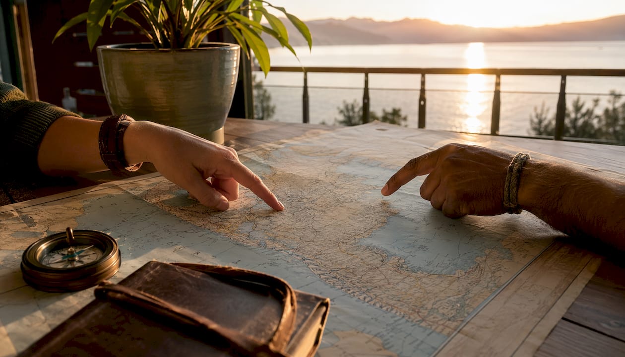 Hands pointing to fishing regions on map