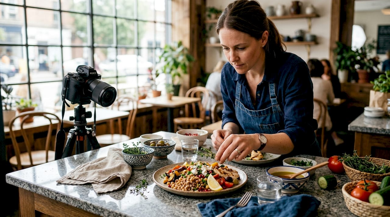 Food stylist arranging dish for photography