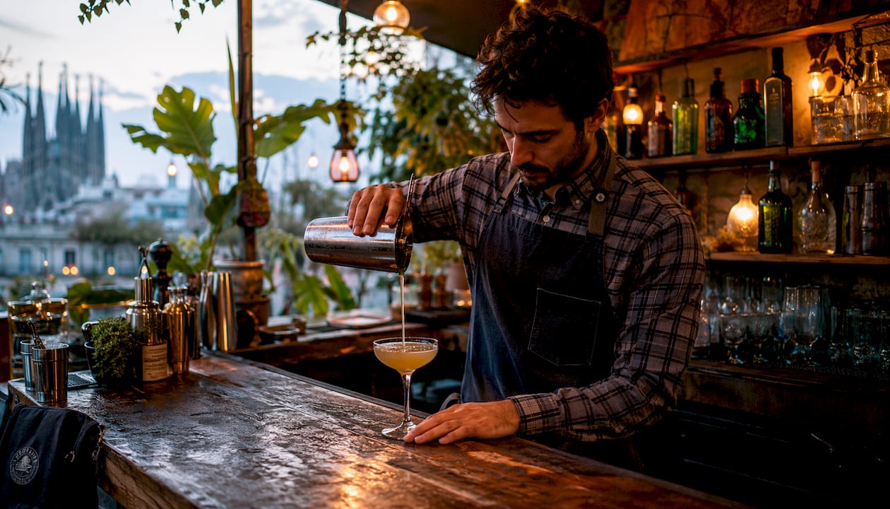 Unas manos preparan un cóctel tras la barra de un emblemático bar, rodeadas de historia y tradición.
