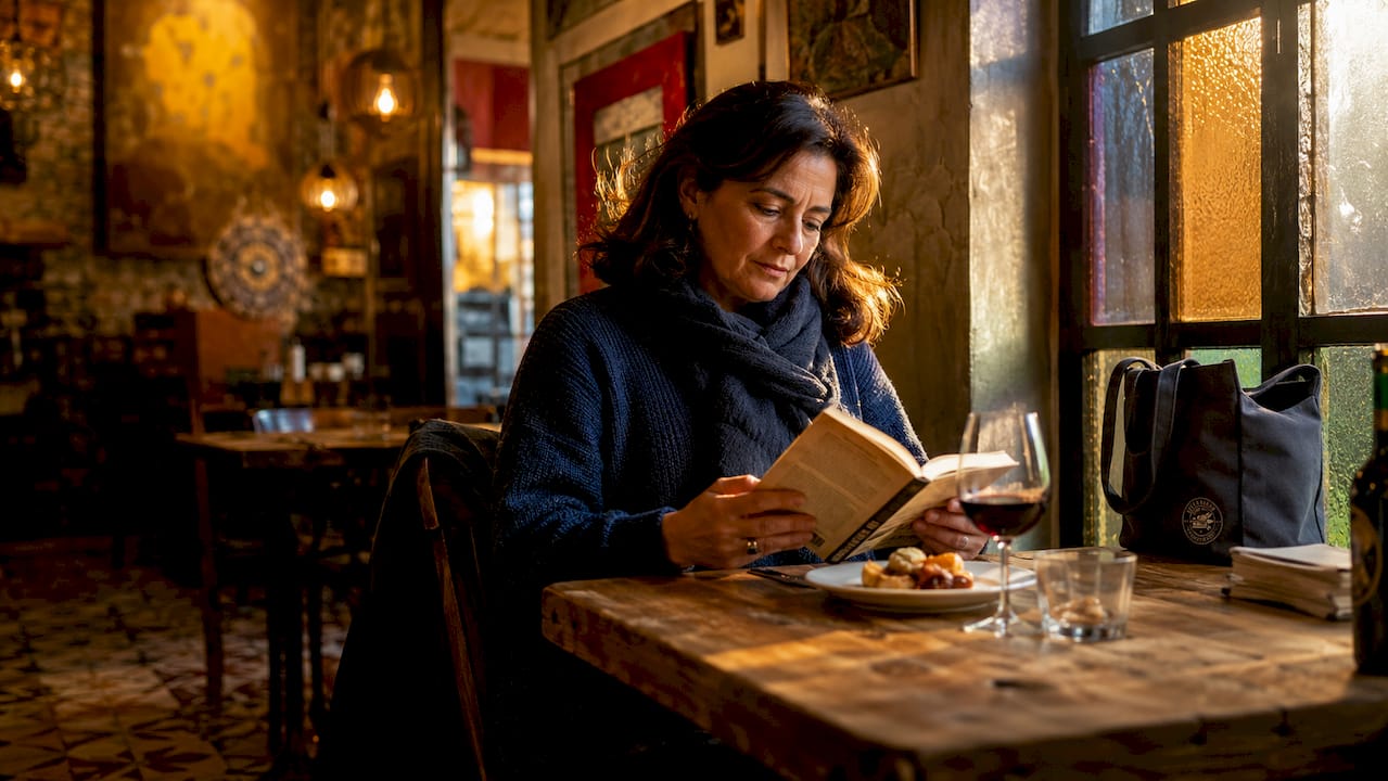 Ambiente acogedor en un restaurante de estilo bohemio, donde una mujer disfruta de la lectura