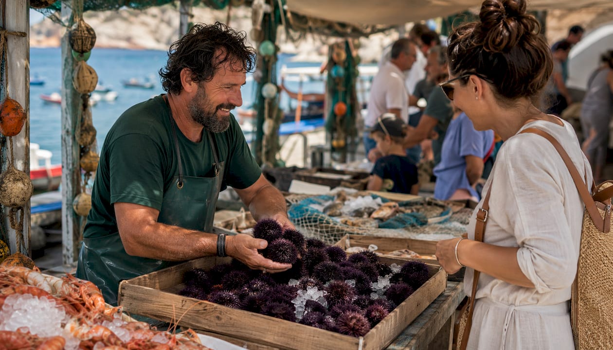 Market stall showing fresh Catalan sea urchins and vendor’s hands