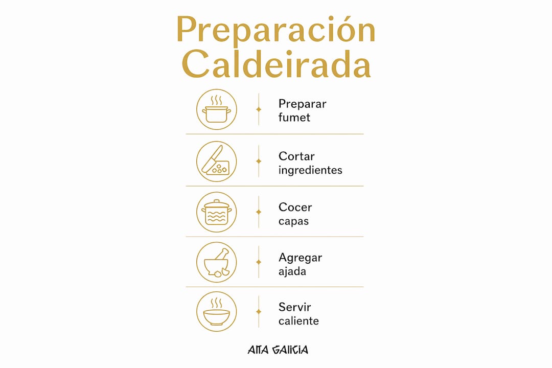 Infografía con el procedimiento para elaborar una auténtica caldeirada gallega paso a paso