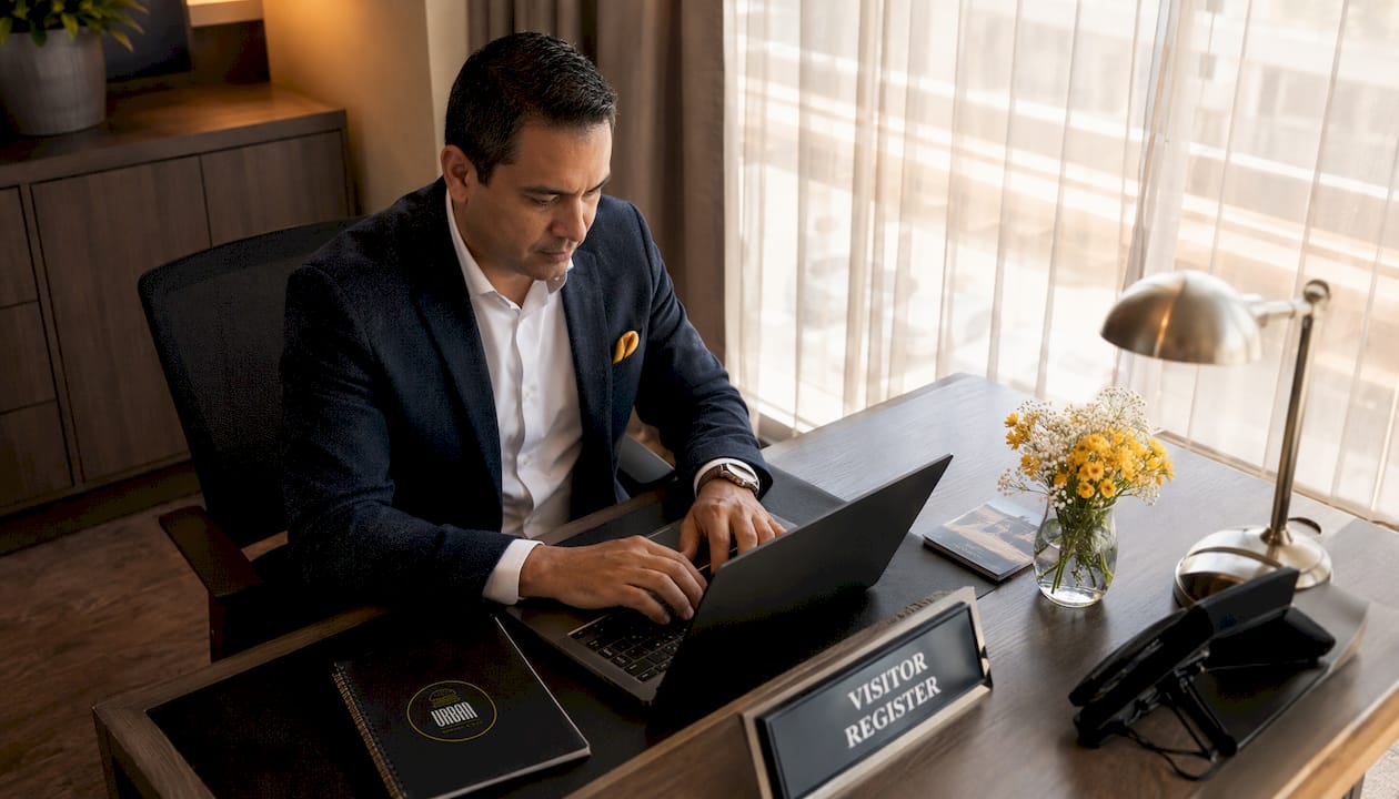 Recepcionista gestionando reservas con un programa habitual en la recepción de un hotel