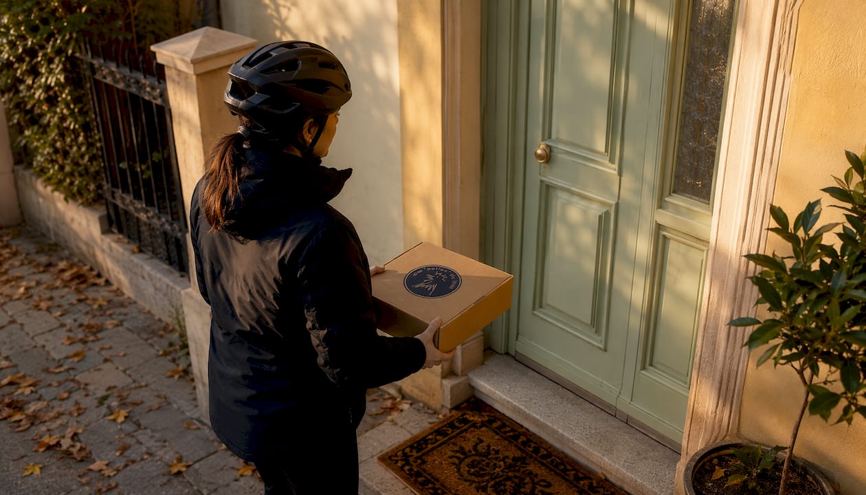 Una repartidora llevando el pedido de comida hasta la puerta del cliente