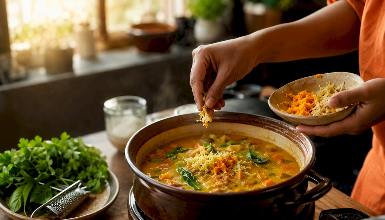Manos mezclando un curry vegetariano de la India