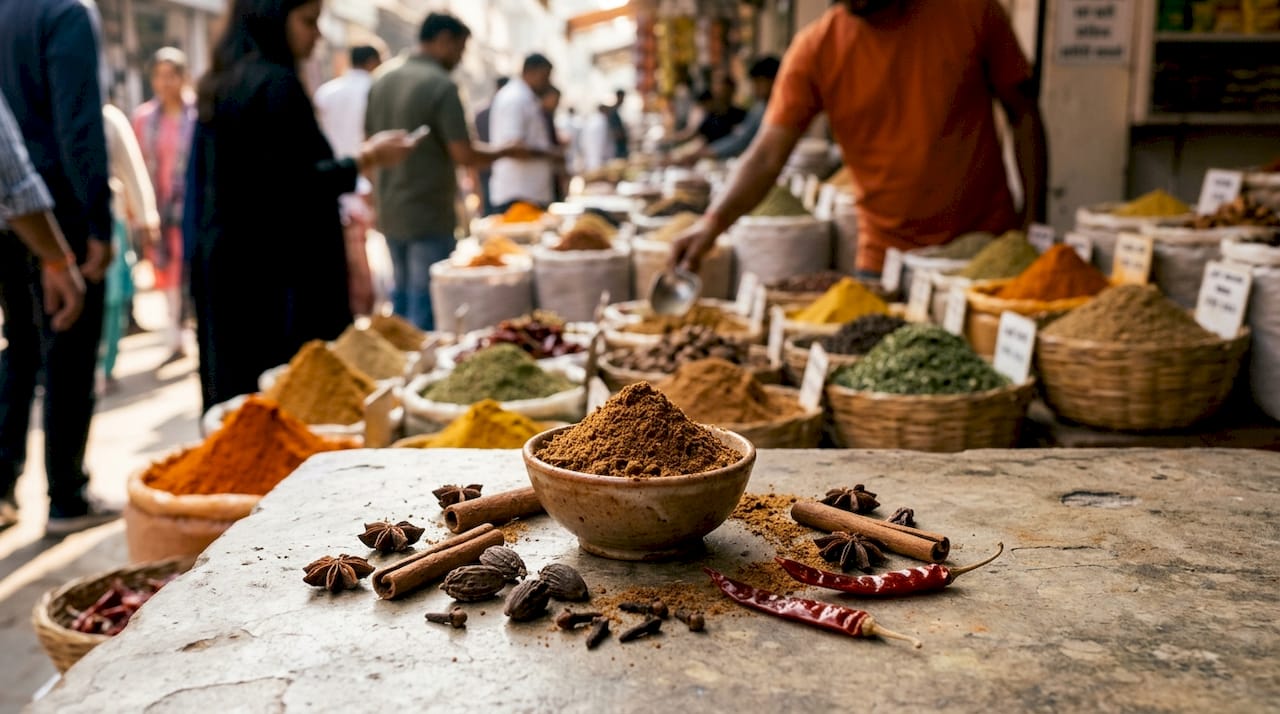 Detalle en primer plano de garam masala acompañado de especias enteras.