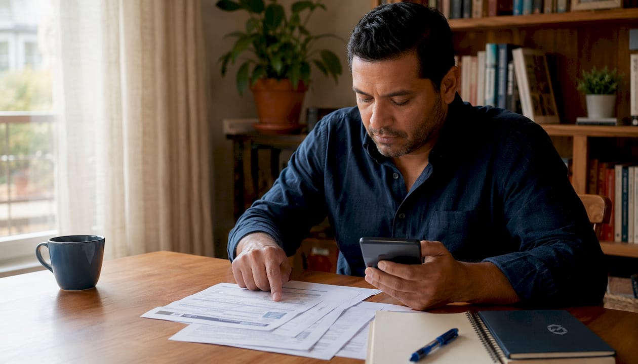 Manos revisando y haciendo cuentas sobre documentos del impuesto predial en un escritorio de madera.