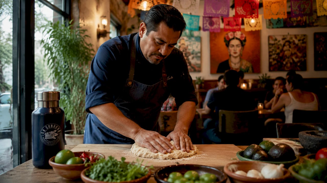 Cocinero elaborando tortillas a mano en una auténtica taquería mexicana