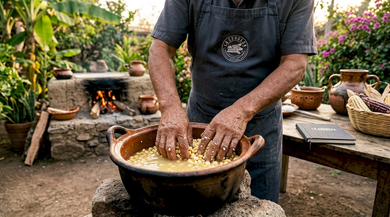 Manos trabajando el maíz para nixtamal en una cocina tradicional