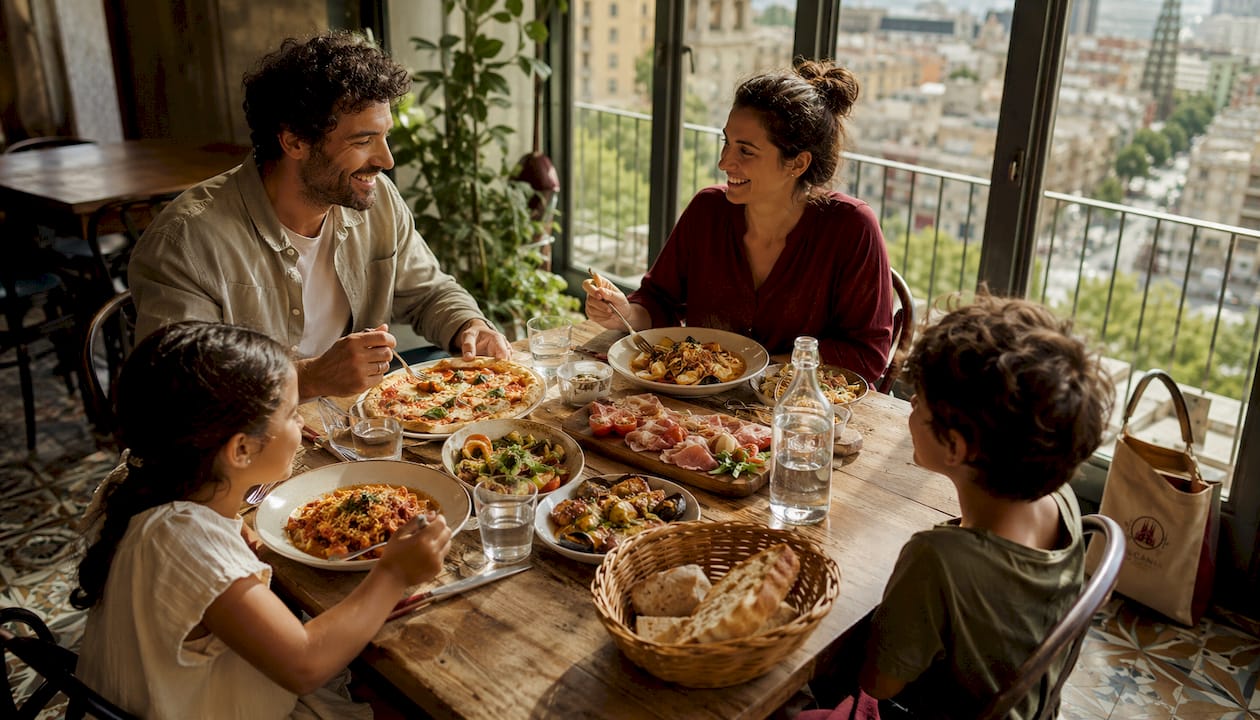 Una familia disfruta de una comida juntos en una mesa luminosa de un restaurante en Barcelona.