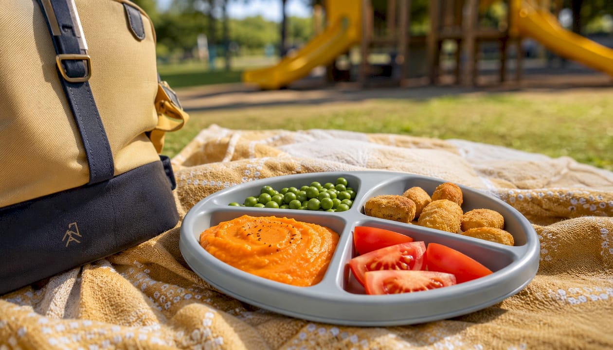 Plato infantil dividido y de colores vivos, ideal para los más pequeños en el restaurante.