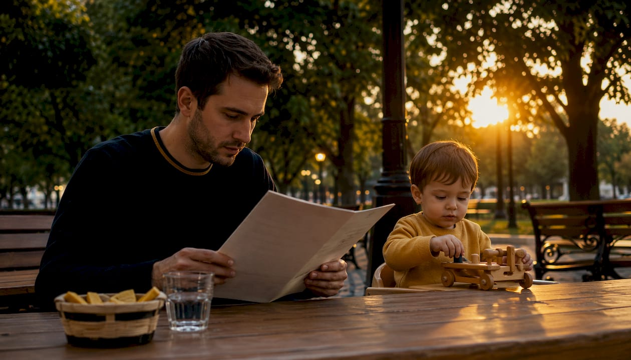 Papá revisando la carta del restaurante para escoger una opción saludable para su hijo