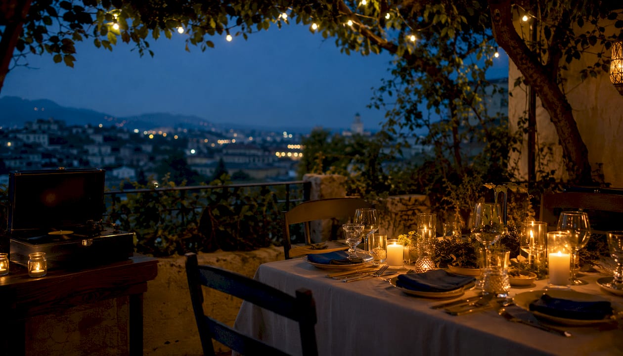 Candlelit dining table setting with soft music ambiance