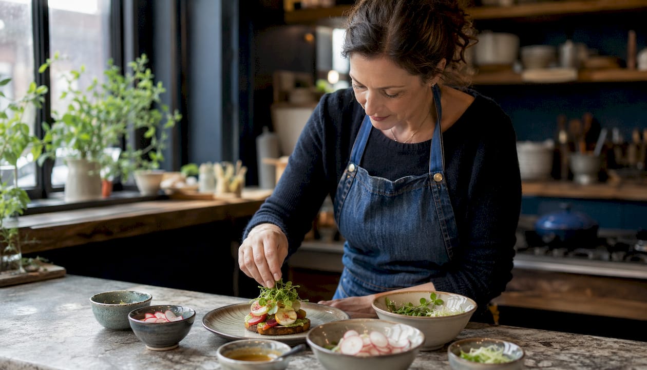 Hands plating romantic starter dish