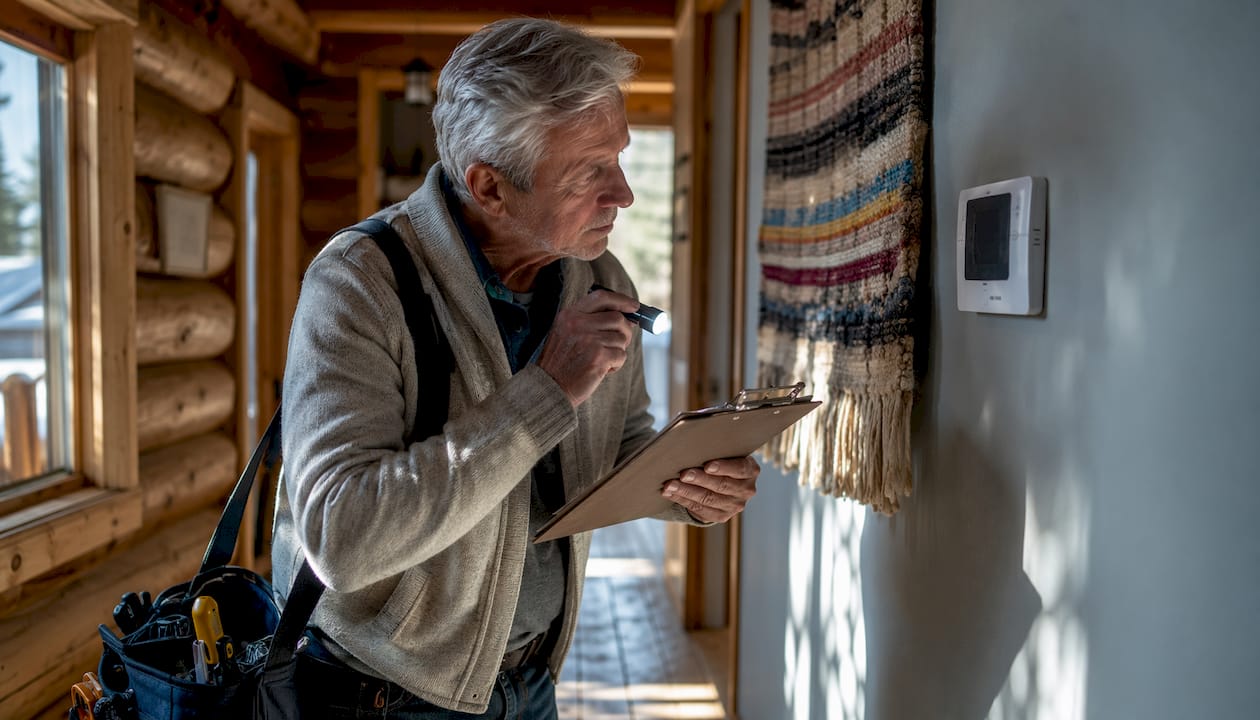 Man testing HVAC system in vacation rental hallway
