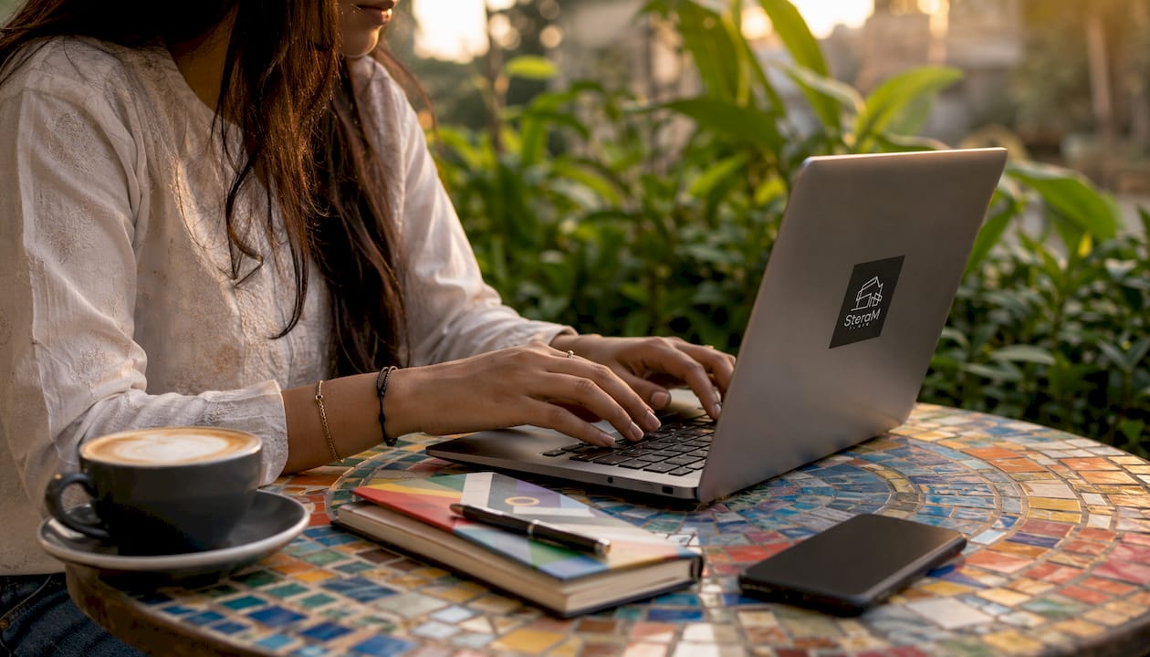 Young woman typing guest communication on laptop