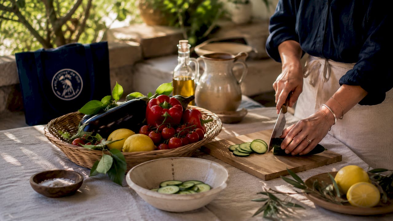 Unas manos cortando verduras frescas típicas del Mediterráneo
