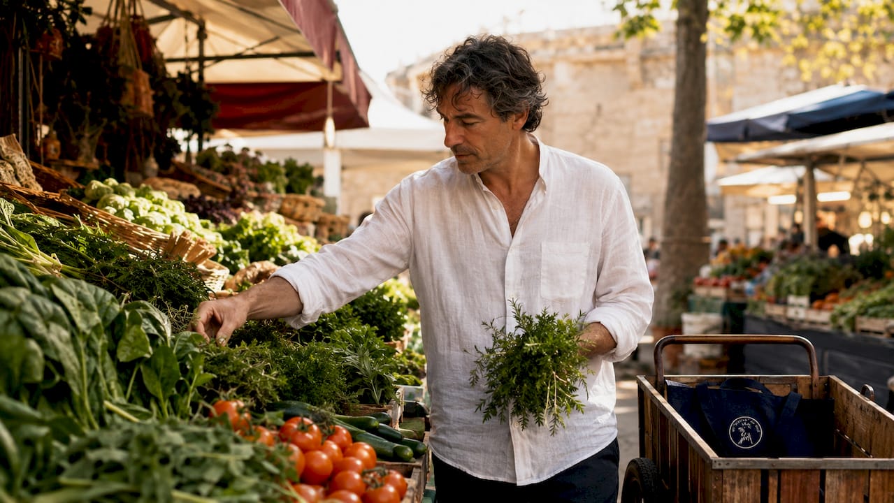 Hombre eligiendo productos frescos en un mercado tradicional europeo