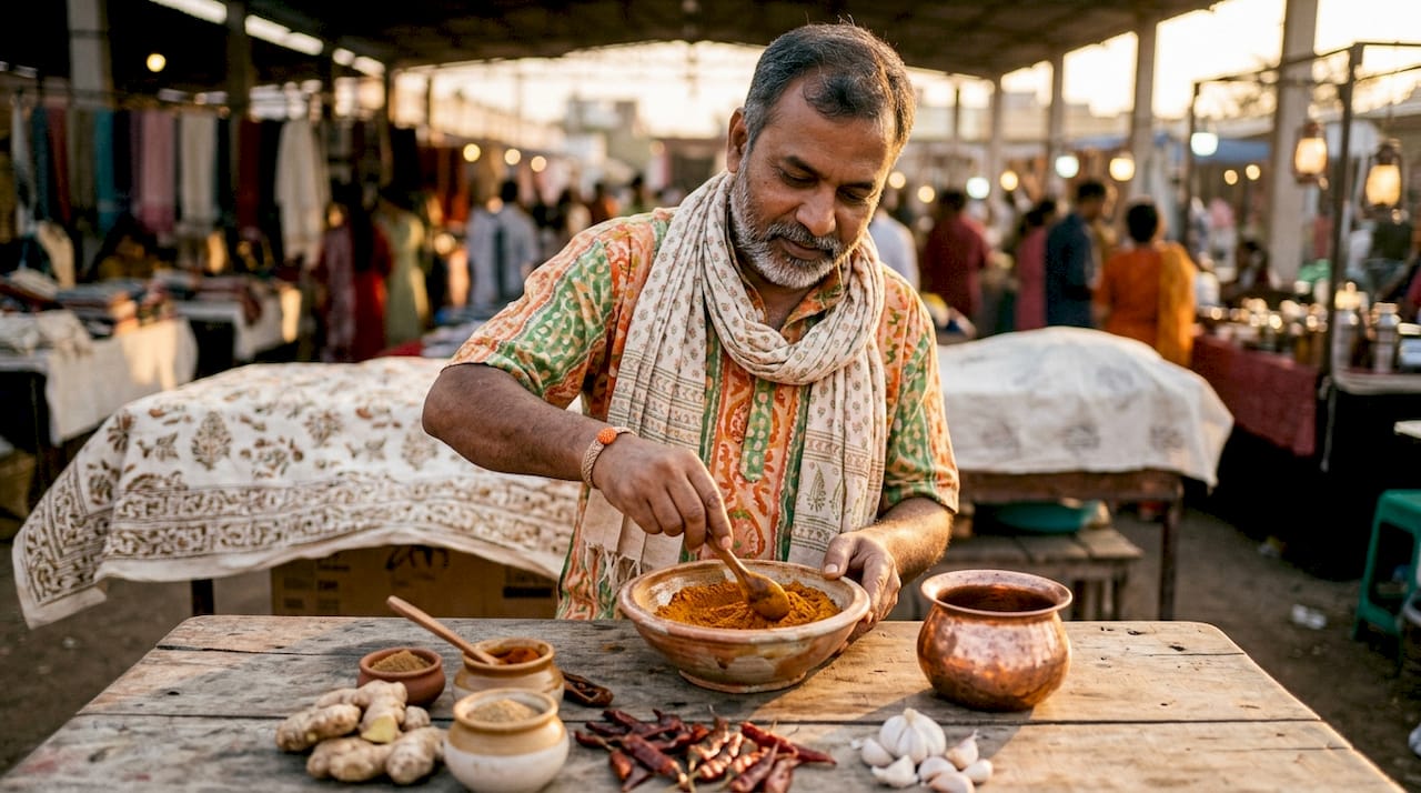 Manos que se pasan un recipiente de especias indias y comparten ingredientes.
