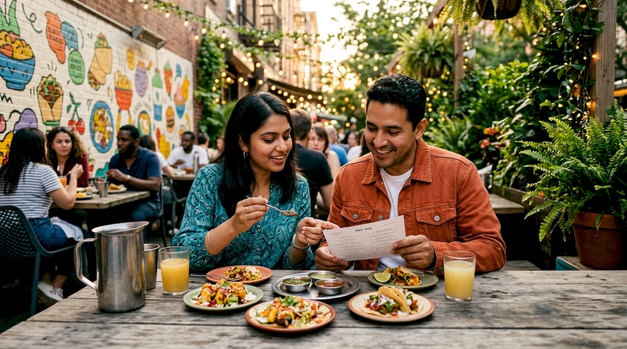 Los comensales disfrutan de un ambiente único inspirado en distintas culturas, donde cada detalle los transporta a lugares lejanos mientras saborean la gastronomía del restaurante.