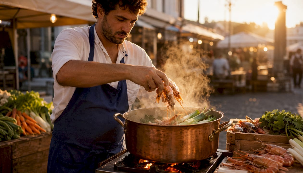 Chef preparing traditional seafood fumet stock