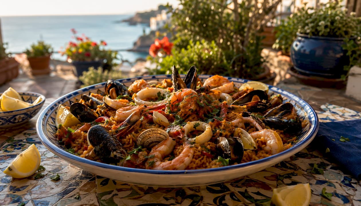 Top view of traditional seafood paella plate