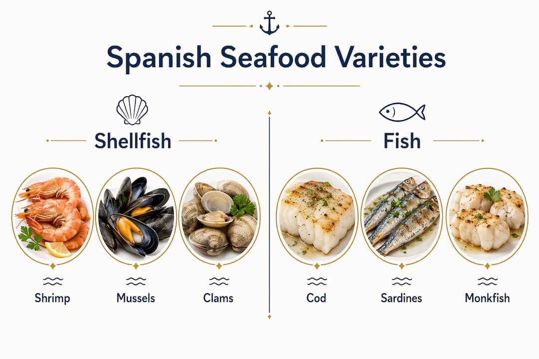 Infographic comparing main Spanish seafood categories