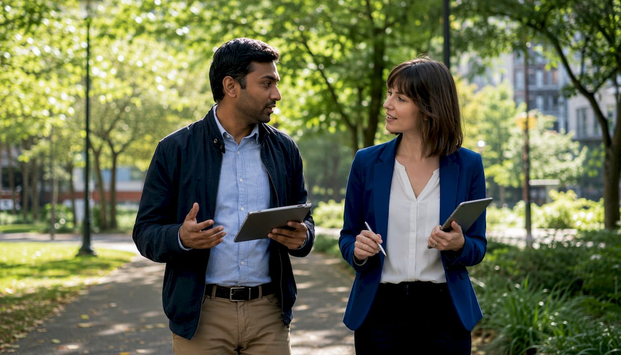 Deux collègues échangent sur la meilleure façon de contacter des prospects via LinkedIn.