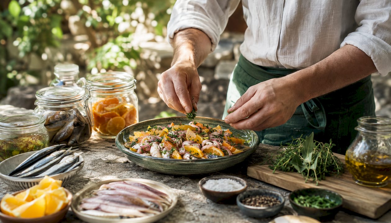 Hands preparing fermented seafood tapas