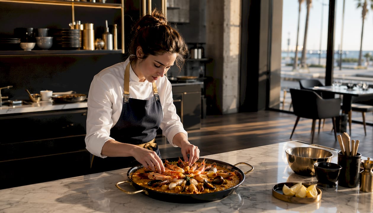 Un chef elabora una paella al momento en una marisquería de estilo moderno