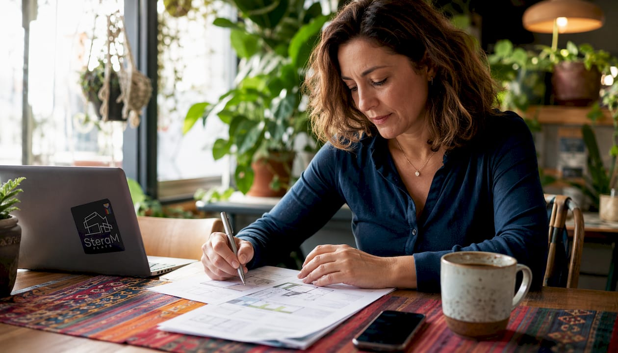 Investor examining property reports at home office