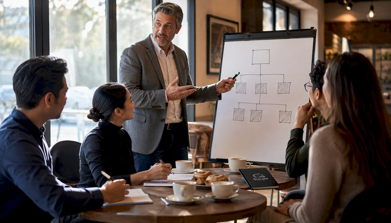 Consultant presenting fee structure in meeting