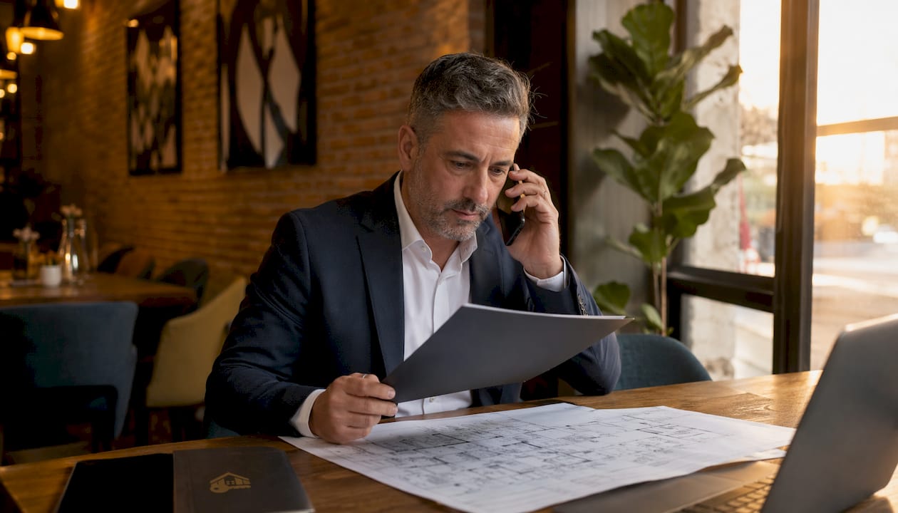 Asesor inmobiliario revisando papeles en su despacho