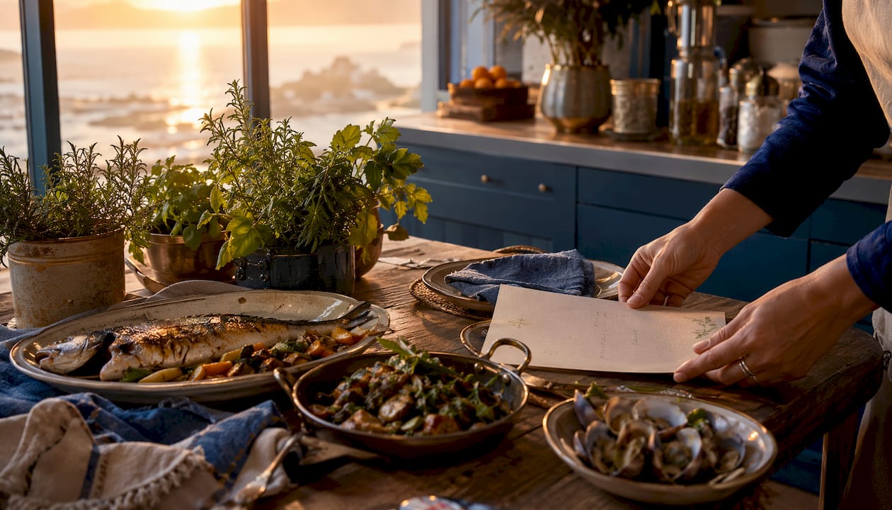 Overhead view of seafood dishes and menu layout