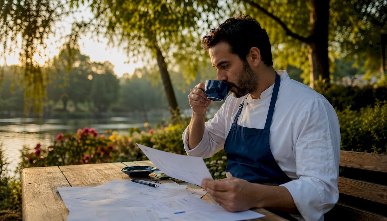 Chef planning seafood pricing outdoors