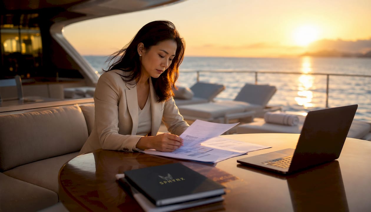 Woman working in yacht mobile office bridge