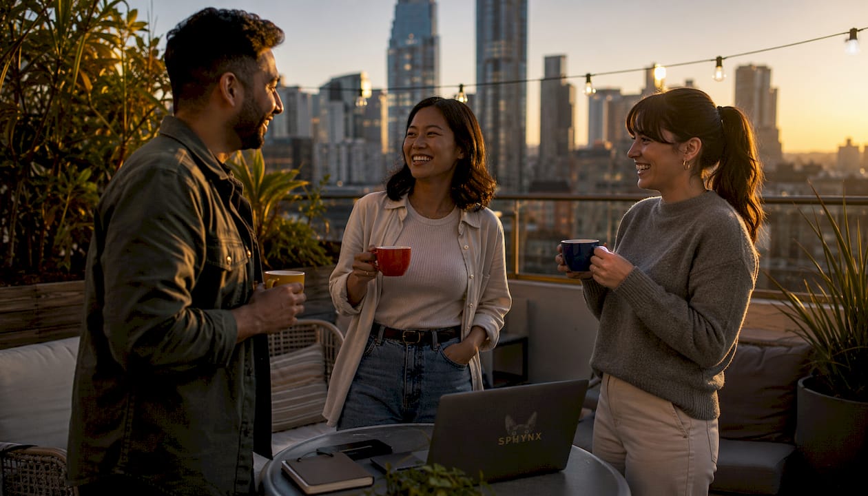 Colleagues networking on yacht deck at sunset