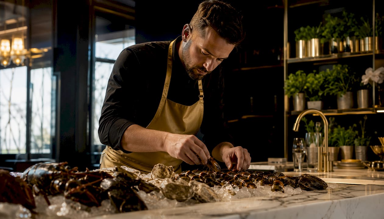 Un chef seleccionando marisco fresco en la cocina