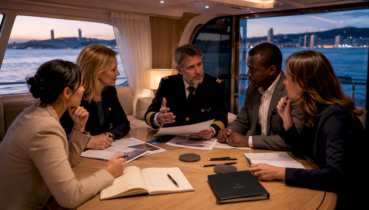 Business meeting on luxury yacht partnership