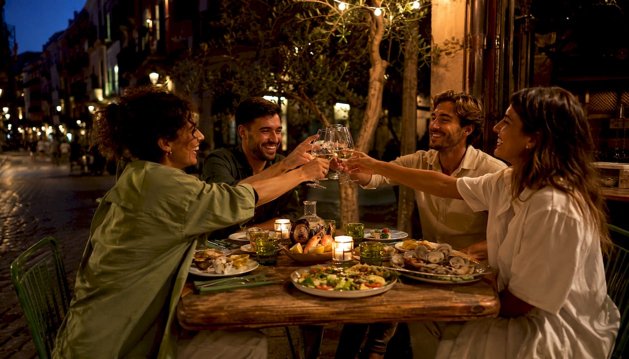 Evening seafood dining scene in El Born neighborhood