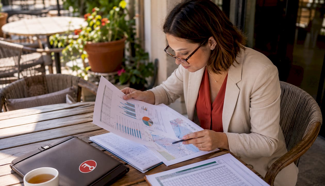 Una mujer revisa documentos con información sobre los precios de propiedades inmobiliarias.