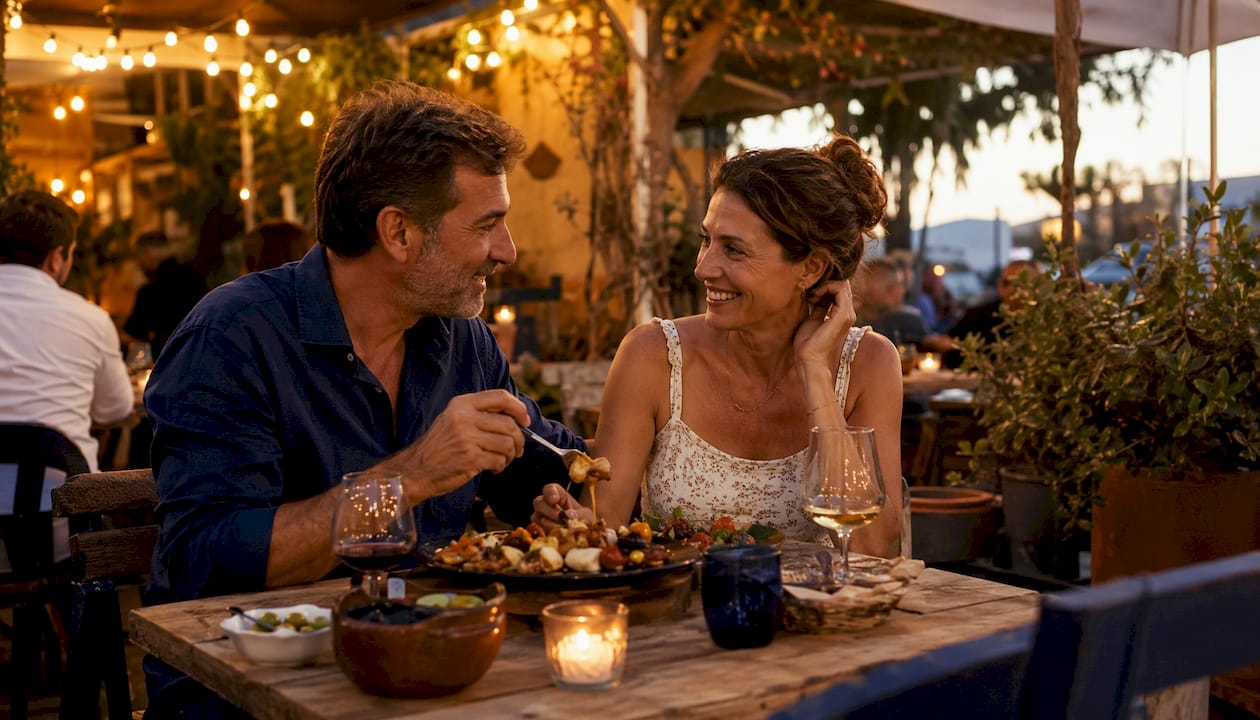 Couple playfully sharing a tapas plate in bar