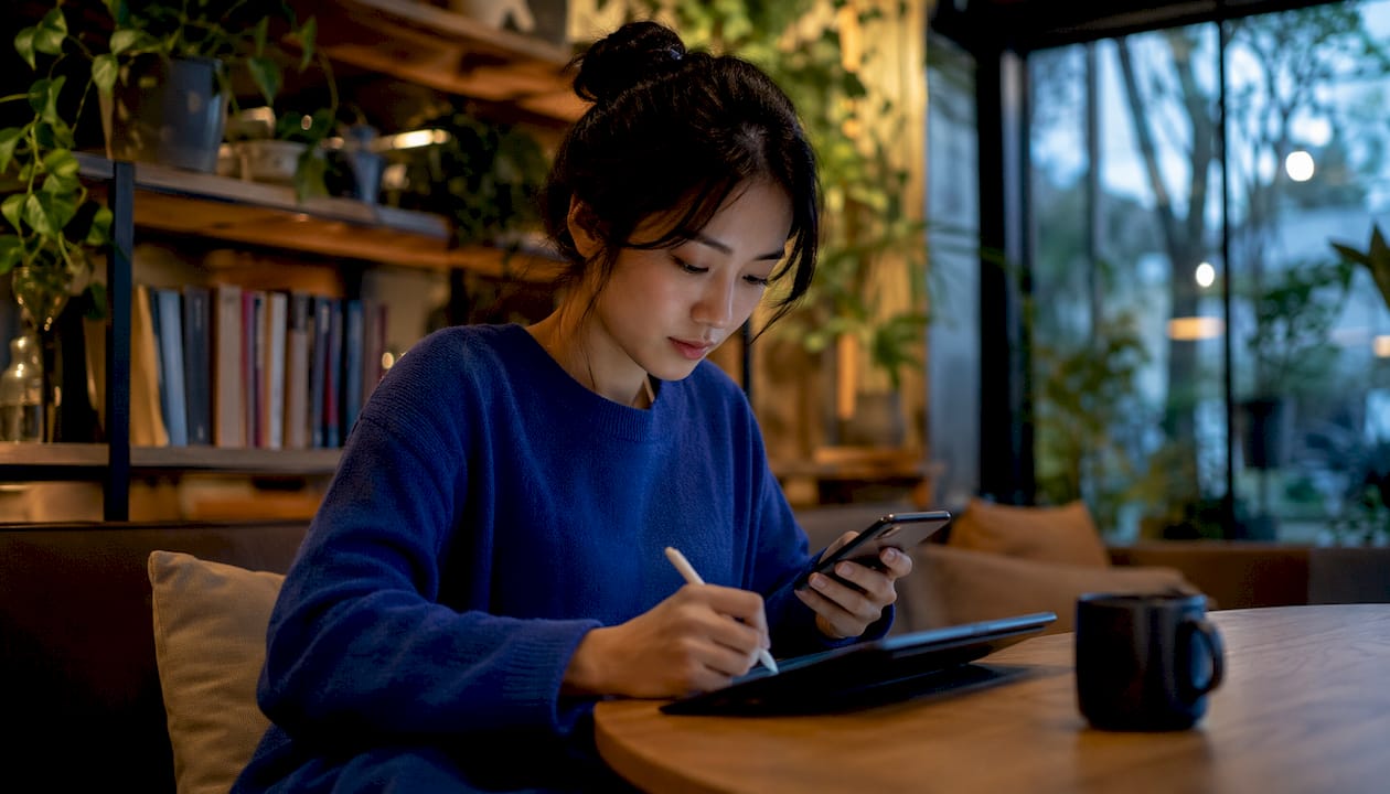 Une femme analyse le profil des utilisateurs de TikTok depuis différents appareils.