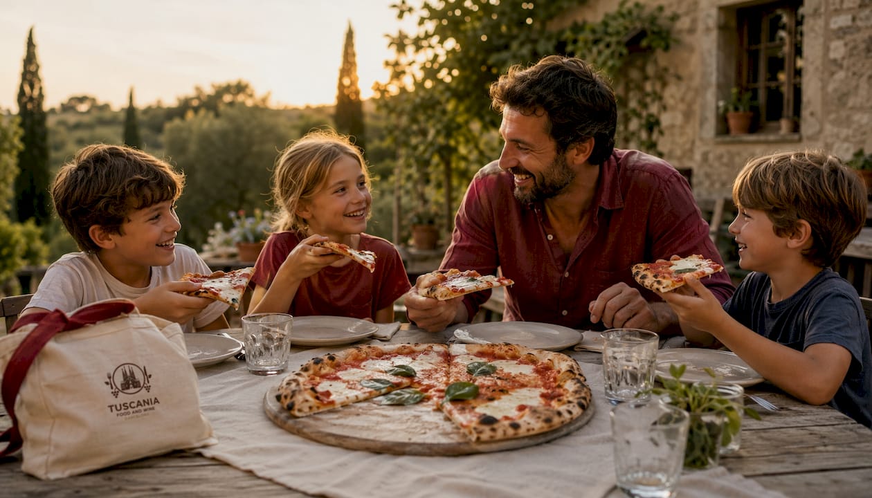 Una familia disfruta juntos de una pizza margarita gigante.