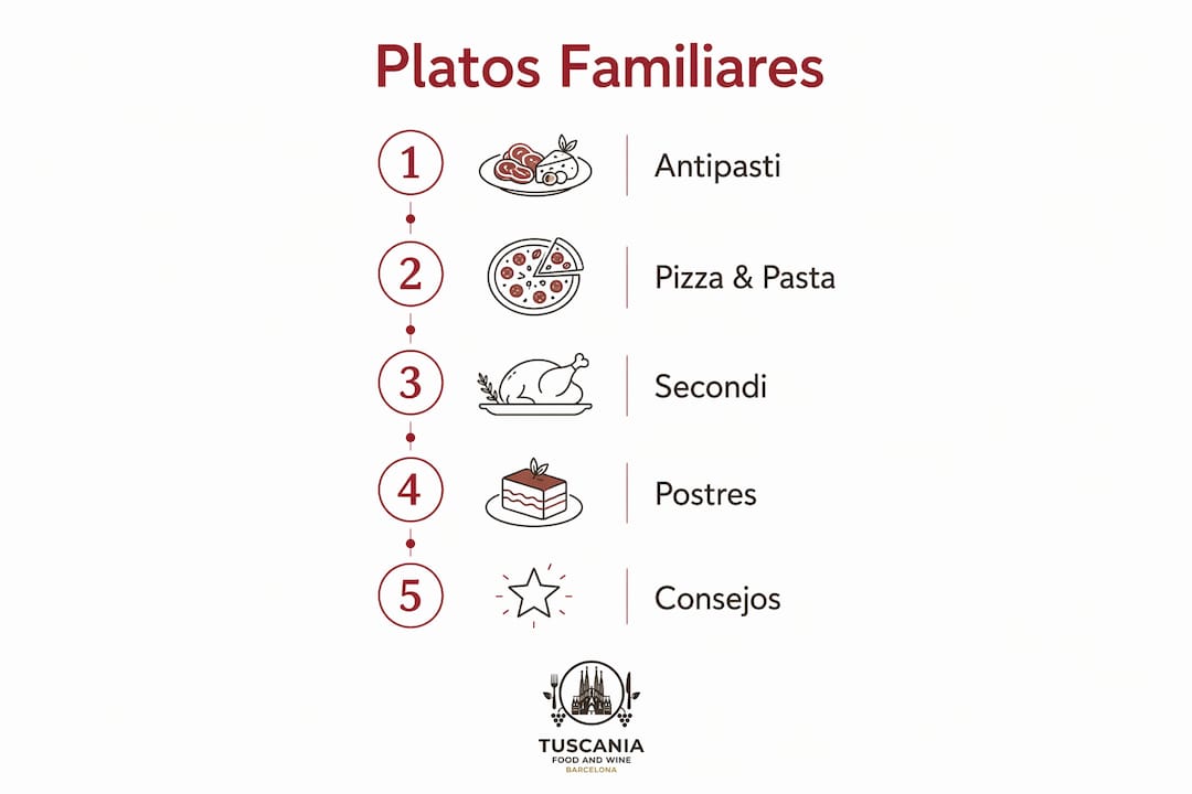 Guía visual con pasos para escoger platos italianos para compartir en familia