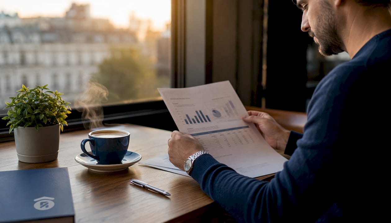 Manos revisando el informe financiero de un inquilino